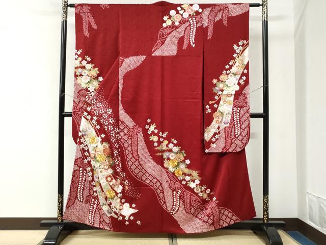 平和屋着物●豪華振袖 駒刺繍 絞り 鬘帯草花文 金彩 京都きもの友禅扱い 正絹 逸品 CABK7667yc