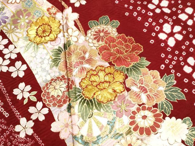 平和屋着物●豪華振袖 駒刺繍 絞り 鬘帯草花文 金彩 京都きもの友禅扱い 正絹 逸品 CABK7667yc
