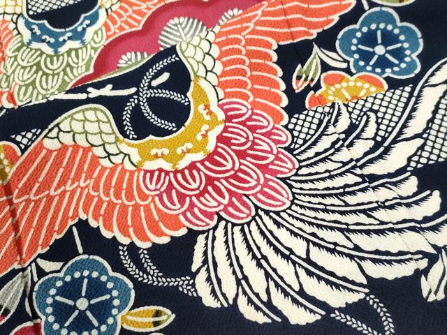 平和屋着物●豪華振袖 紅型 花松鳥文 紺地 鬼しぼ縮緬 正絹 逸品 CABK7672yc