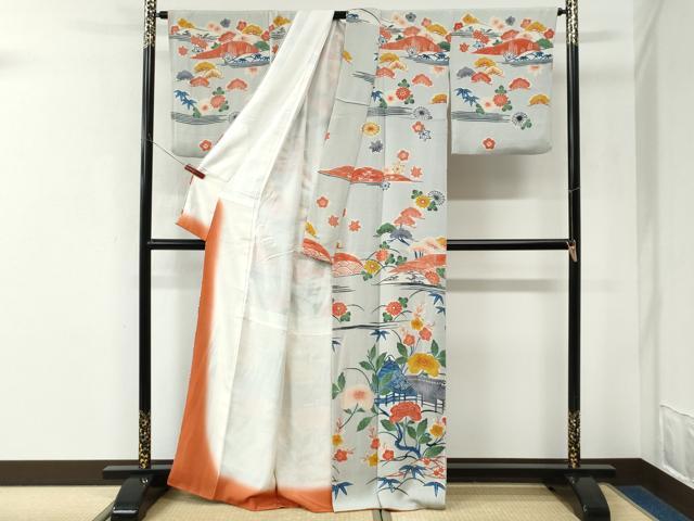 平和屋着物●訪問着 風景花文 鬼しぼ縮緬 正絹 逸品 CABK7684yc