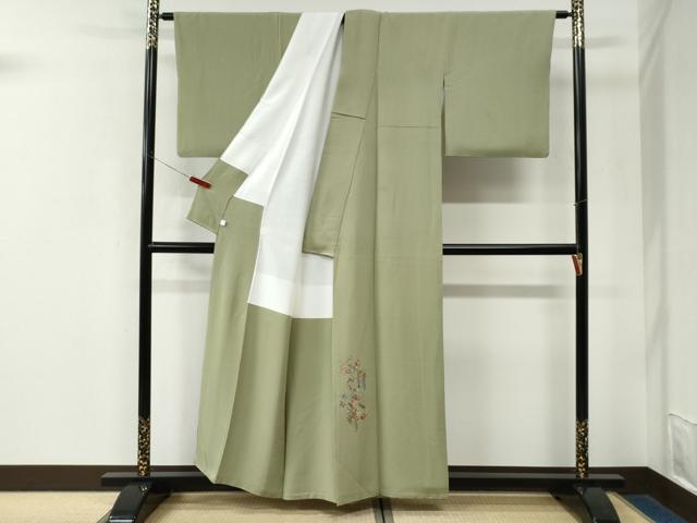 平和屋着物●訪問着 総刺繍 雪輪枝花文 抹茶色 正絹 逸品 CABK7686yc