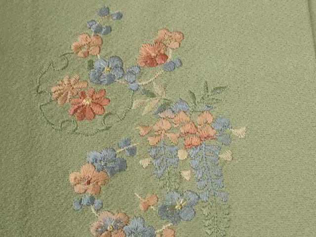 平和屋着物●訪問着 総刺繍 雪輪枝花文 抹茶色 正絹 逸品 CABK7686yc