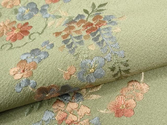 平和屋着物●訪問着 総刺繍 雪輪枝花文 抹茶色 正絹 逸品 CABK7686yc