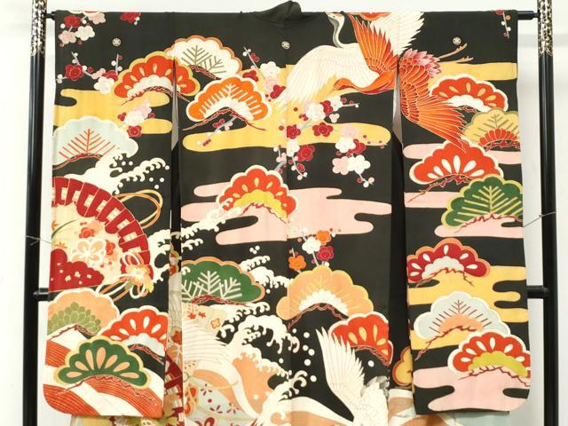 平和屋本店●アンティーク 大正ロマン 振袖 駒刺繍 立波飛鶴檜扇松竹梅花文 黒地 金彩 正絹 逸品 CABK7697yc