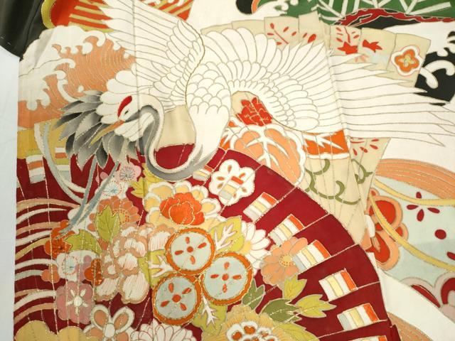 平和屋本店●アンティーク 大正ロマン 振袖 駒刺繍 立波飛鶴檜扇松竹梅花文 黒地 金彩 正絹 逸品 CABK7697yc