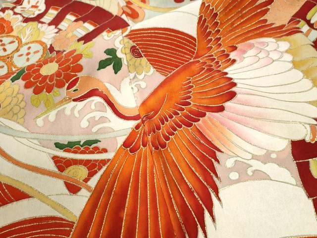 平和屋本店●アンティーク 大正ロマン 振袖 駒刺繍 立波飛鶴檜扇松竹梅花文 黒地 金彩 正絹 逸品 CABK7697yc