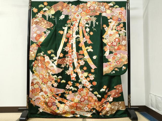 平和屋着物●豪華振袖 駒刺繍 鬘帯牡丹鈴花松文 金彩 正絹 逸品 CABK7724yc