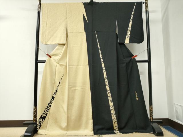 平和屋着物●世界的友禅作家 千地泰弘 訪問着 唐草文 黒地 ロング丈 正絹 逸品 CABK7728yc