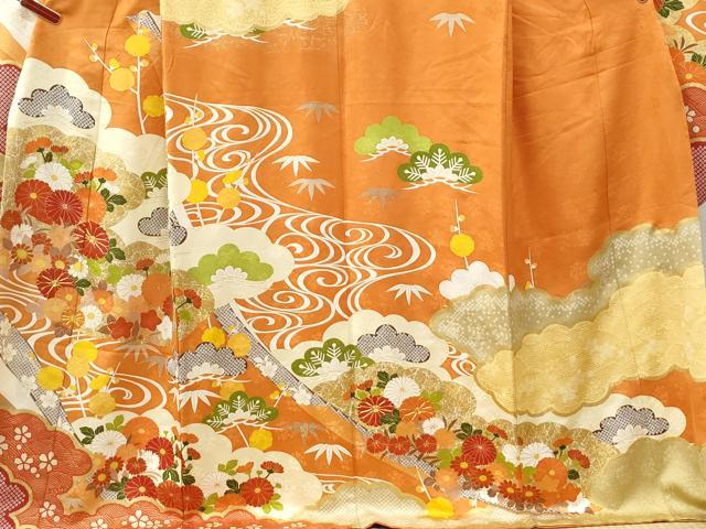 平和屋着物●豪華振袖 駒刺繍 流水松竹梅花文 金彩 正絹 逸品 CABK7729yc