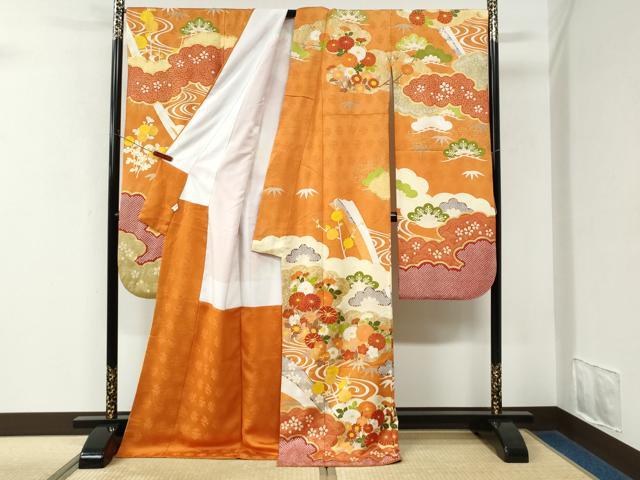 平和屋着物●豪華振袖 駒刺繍 流水松竹梅花文 金彩 正絹 逸品 CABK7729yc