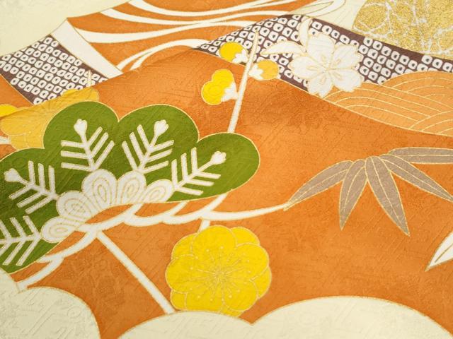 平和屋着物●豪華振袖 駒刺繍 流水松竹梅花文 金彩 正絹 逸品 CABK7729yc