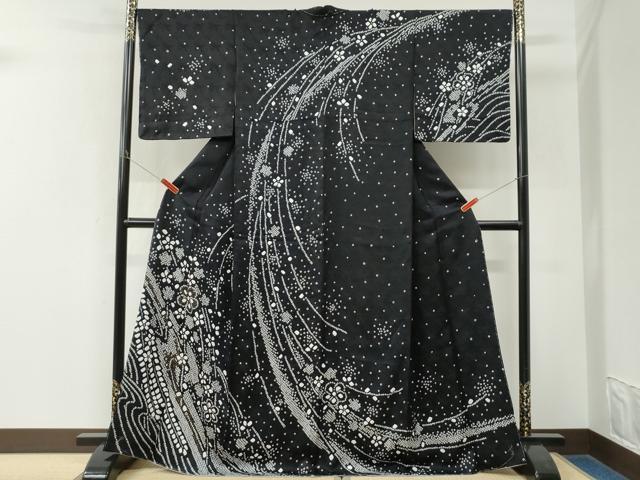 平和屋着物●訪問着 総絞り 舞花文 黒地 金彩 正絹 逸品 CABK7750yc
