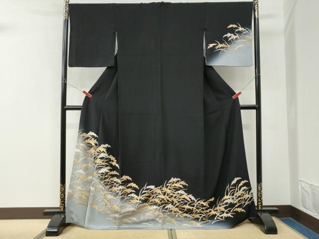 平和屋着物●中国三大刺繍 相良刺繍 総刺繍 訪問着 稲穂 黒地 金糸 ロング丈 正絹 逸品 CABK7753yc
