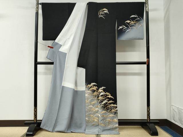 平和屋着物●中国三大刺繍 相良刺繍 総刺繍 訪問着 稲穂 黒地 金糸 ロング丈 正絹 逸品 CABK7753yc