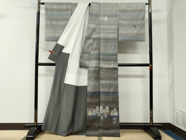 平和屋着物●訪問着 紬地 紙芸茂 ミミズク 正絹 逸品 CABK7754yc