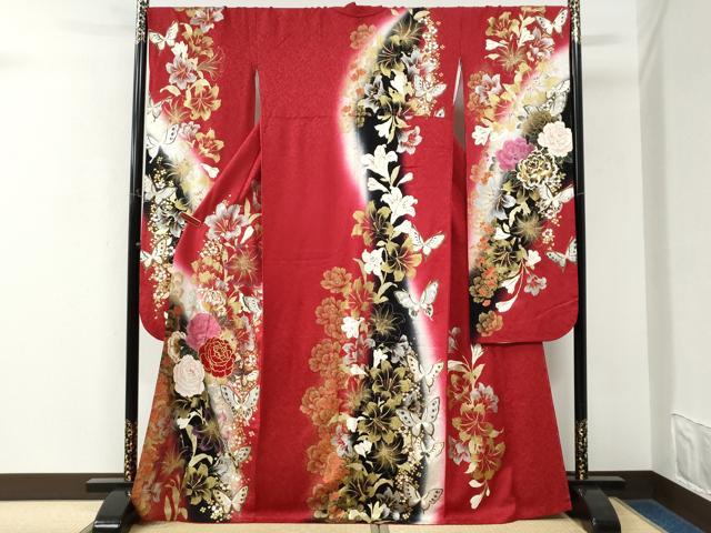 平和屋着物●豪華振袖 百合牡丹花蝶文 ラメ糸 暈し染め 金銀彩 正絹 逸品 CABK7761yc