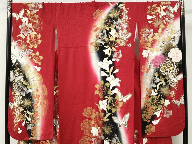 平和屋着物●豪華振袖 百合牡丹花蝶文 ラメ糸 暈し染め 金銀彩 正絹 逸品 CABK7761yc