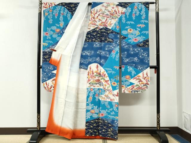 平和屋着物●和染紅型 栗山紅型 栗山吉三郎 振袖 遠山松竹梅風景文 正絹 逸品 CABK7768yc