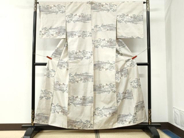平和屋着物●本場大島紬 白大島 9マルキ 総絣 霞人物風景文 正絹 逸品 CABK7798yc