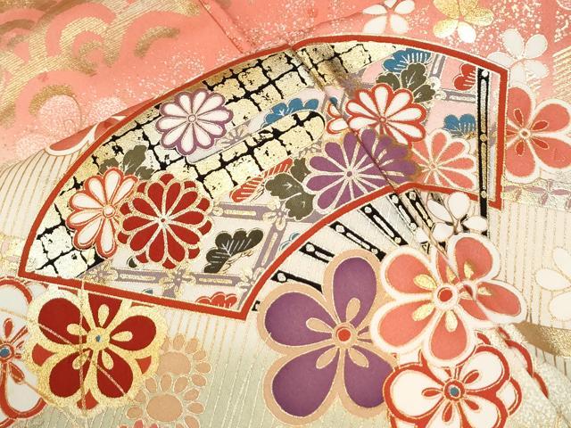 平和屋着物●豪華振袖 駒刺繍 扇面御所車舞花文 暈し染め 金彩 正絹 逸品 CABK7821yc