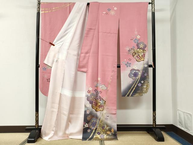 平和屋着物●豪華振袖 駒刺繍 霞花蝶文 暈し染め 金彩 京都きもの友禅扱い 正絹 逸品 CABK7824yc