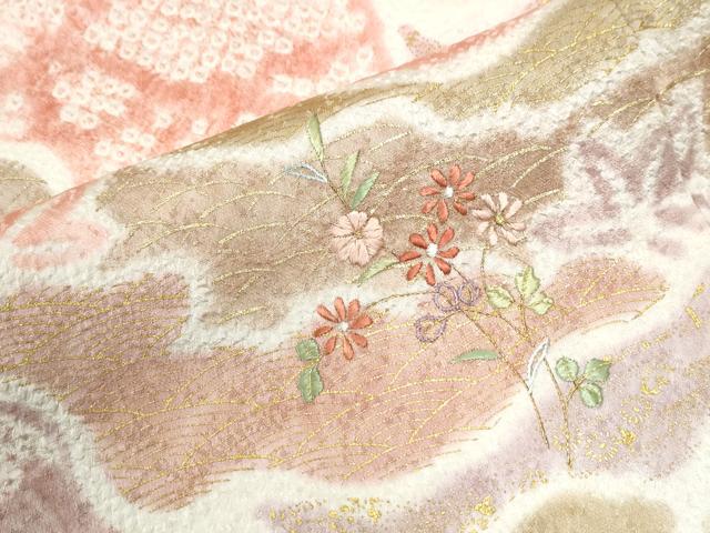 平和屋着物●訪問着 絞 刺繍 道長草花文 金彩 正絹 逸品 CABK7848yc