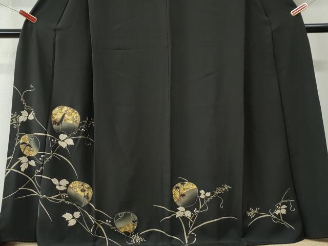 平和屋着物●訪問着 刺繍 鹿蔦の葉花文 黒地 金彩 ロング丈 正絹 逸品 CABK7854yc