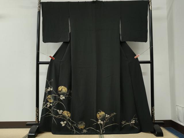 平和屋着物●訪問着 刺繍 鹿蔦の葉花文 黒地 金彩 ロング丈 正絹 逸品 CABK7854yc