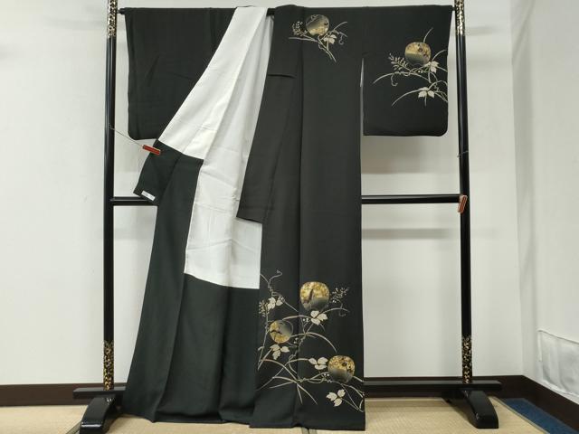 平和屋着物●訪問着 刺繍 鹿蔦の葉花文 黒地 金彩 ロング丈 正絹 逸品 CABK7854yc