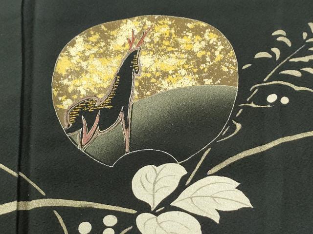 平和屋着物●訪問着 刺繍 鹿蔦の葉花文 黒地 金彩 ロング丈 正絹 逸品 CABK7854yc