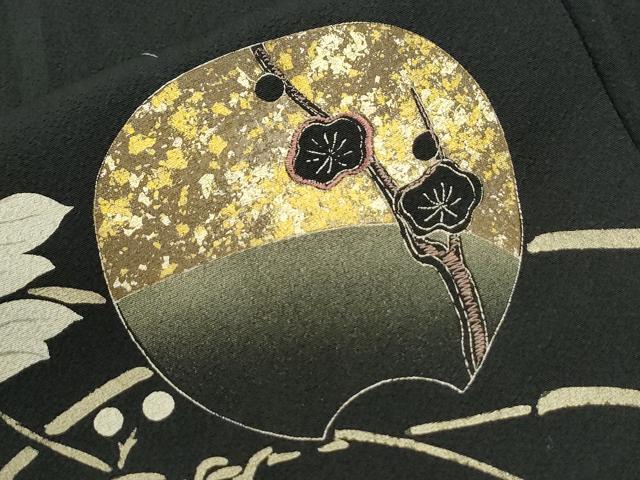 平和屋着物●訪問着 刺繍 鹿蔦の葉花文 黒地 金彩 ロング丈 正絹 逸品 CABK7854yc
