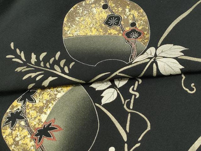 平和屋着物●訪問着 刺繍 鹿蔦の葉花文 黒地 金彩 ロング丈 正絹 逸品 CABK7854yc