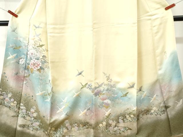 平和屋着物●螺鈿作家 藤本隆士 訪問着 飛鶴牡丹花文 暈し染め 金銀彩 正絹 逸品 CABK7858yc