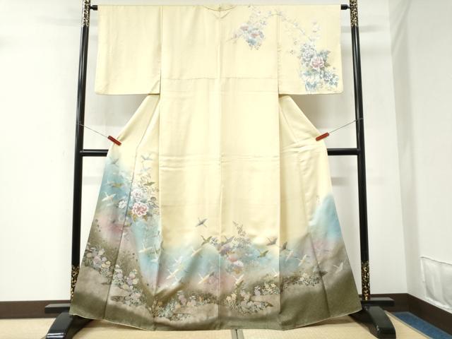 平和屋着物●螺鈿作家 藤本隆士 訪問着 飛鶴牡丹花文 暈し染め 金銀彩 正絹 逸品 CABK7858yc