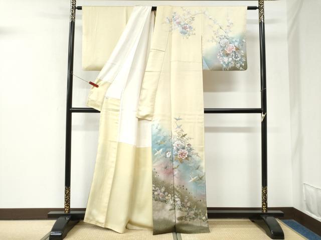 平和屋着物●螺鈿作家 藤本隆士 訪問着 飛鶴牡丹花文 暈し染め 金銀彩 正絹 逸品 CABK7858yc