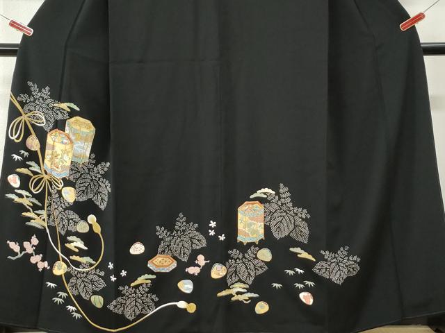 平和屋着物●豪華黒留袖 駒刺繍 貝桶桐松竹梅花文 金彩 正絹 逸品 CABK7885yc