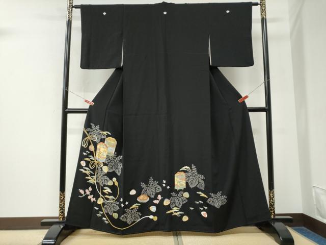 平和屋着物●豪華黒留袖 駒刺繍 貝桶桐松竹梅花文 金彩 正絹 逸品 CABK7885yc