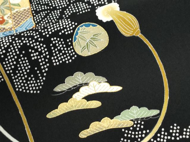 平和屋着物●豪華黒留袖 駒刺繍 貝桶桐松竹梅花文 金彩 正絹 逸品 CABK7885yc