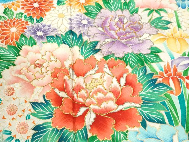 平和屋着物●豪華振袖 総絞り 駒刺繍 牡丹花文 金彩 正絹 逸品 CABK7936yc