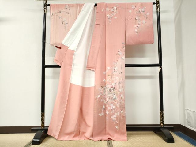 平和屋着物●訪問着 流水御所車扇面花蝶文 暈し染め 金彩 正絹 逸品 CABK7940yc