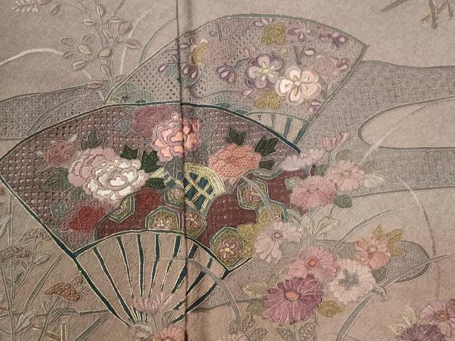 平和屋着物●中国三大刺繍 スワトウ刺繍 総刺繍 訪問着 エ霞扇面吉祥花文 暈し染め 金糸 正絹 逸品 CABK7941yc