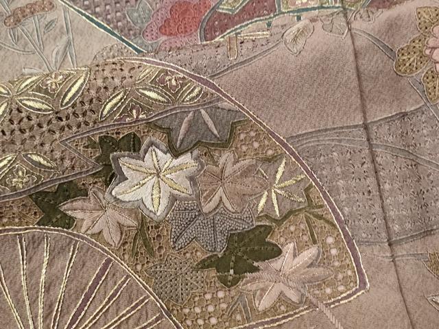 平和屋着物●中国三大刺繍 スワトウ刺繍 総刺繍 訪問着 エ霞扇面吉祥花文 暈し染め 金糸 正絹 逸品 CABK7941yc