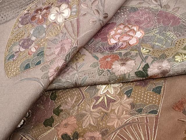 平和屋着物●中国三大刺繍 スワトウ刺繍 総刺繍 訪問着 エ霞扇面吉祥花文 暈し染め 金糸 正絹 逸品 CABK7941yc