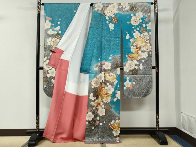平和屋着物●豪華振袖 舞蝶枝梅文 暈し染め 金彩 正絹 逸品 CABK7966yc