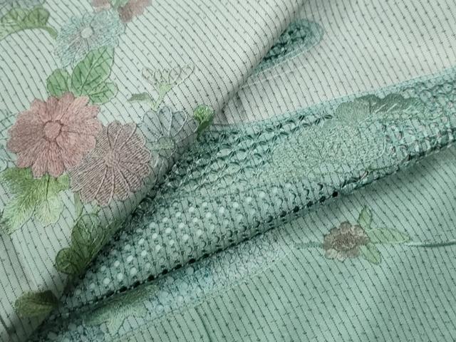 平和屋着物●中国三大刺繍 スワトウ刺繍 総刺繍 訪問着 本場縞大島紬 霞枝花文 正絹 逸品 CABK7972yc