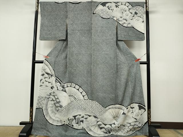 平和屋着物●名門 藤娘きぬたや・総絞り 訪問着 片輪車飛鶴花文 黒地 正絹 逸品 CABK8018ut