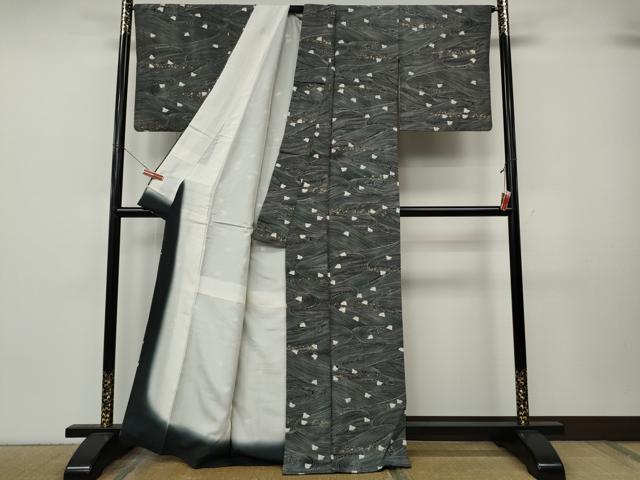 平和屋着物●上質な小紋 立波千鳥文 黒地 金彩 正絹 逸品 CABK8070ut