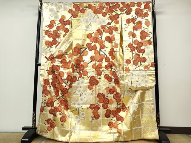 平和屋着物●豪華振袖 格子枝花文 金彩 正絹 逸品 CABK8082ut
