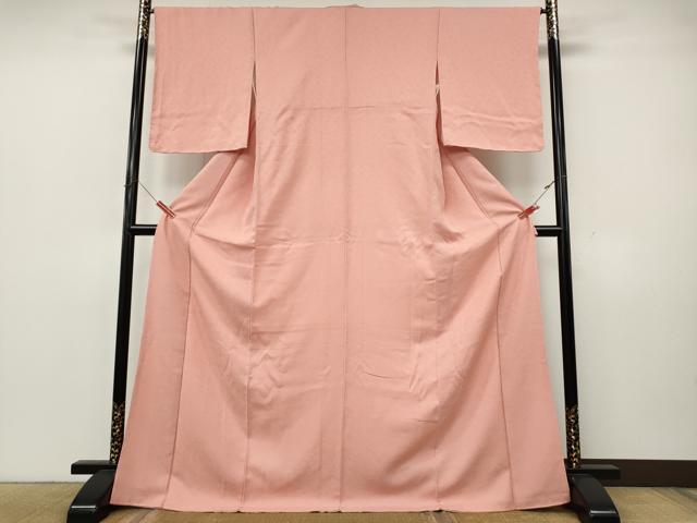 平和屋着物●上質な色無地 霞地紋 珊瑚色 ロング丈 正絹 逸品 CABK8084ut