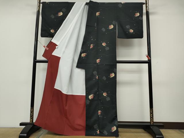 平和屋着物●小紋 源氏香花文 黒地 洗える着物 CABK8111ut
